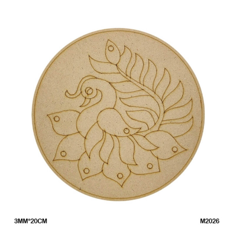 20cm round MDF craft base with peacock and feather engraving for artistic DIY projects