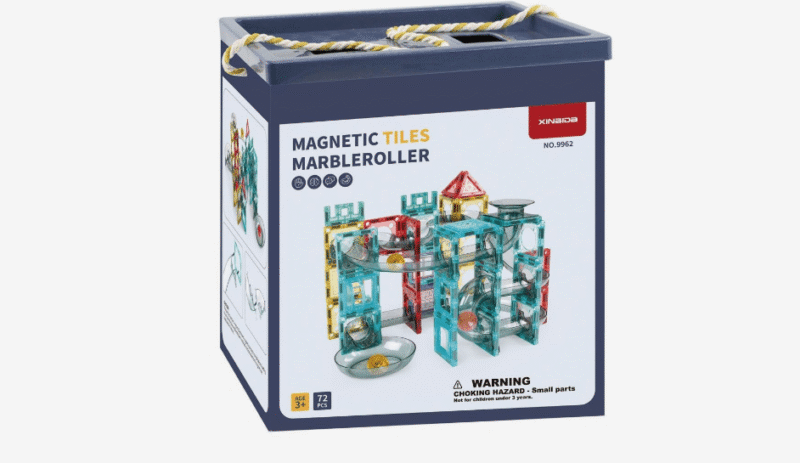 Magnetic Tile Marble Roller with colorful tracks and building blocks