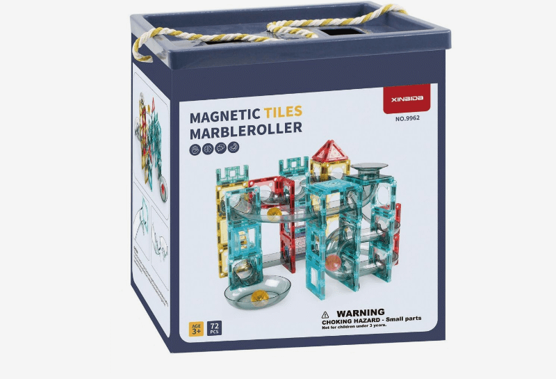 Magnetic Tile Marble Roller with colorful tracks and building blocks