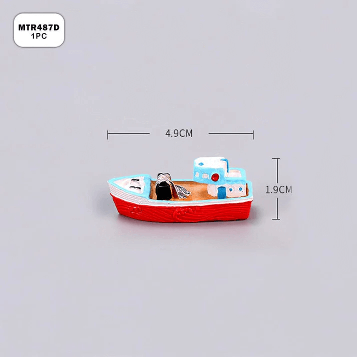 Miniature boat model with red base and blue cabin, ideal for marine-themed dioramas or crafts