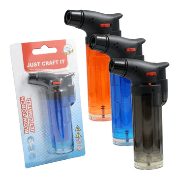 Multi-color blow torch jet lighters for crafting, resin work, jewelry making, and heat-based DIY tasks with safety lock and refillable design.