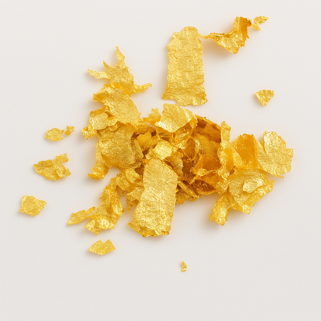 Gold leaf flakes scattered on a light surface, offering a radiant metallic shine ideal for resin art, candle topping, and luxurious handmade crafts.