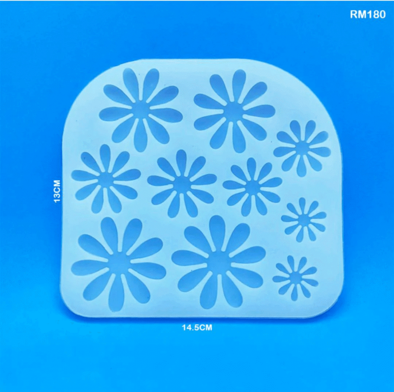 Silicone mold with 10 daisy flower cavities in various sizes, ideal for resin art, jewelry making, and decorative crafts.