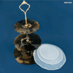 RM2036B 3-tier silicone mold set for resin cake stand, includes round textured trays with metal handle for DIY display projects.