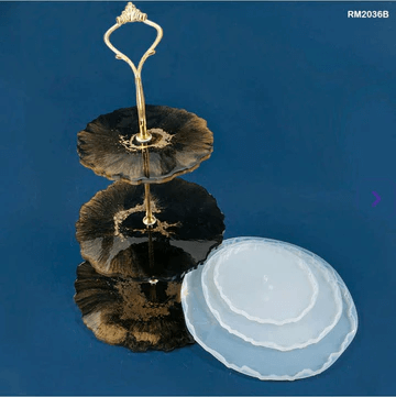 RM2036B 3-tier silicone mold set for resin cake stand, includes round textured trays with metal handle for DIY display projects.