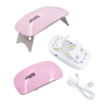 SUN5 mini UV LED nail lamp with foldable legs, 6 LED beads, USB cable, and compact pink body for curing gel nails and resin.