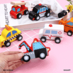 Colorful wooden toy vehicles set with ambulance, police car, taxi, and more for kids' learning and play.