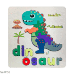 Colorful wooden dinosaur jigsaw puzzle for kids, featuring chunky pieces, alphabet letters, and vibrant prehistoric illustrations.