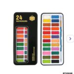 24-color watercolor paint palette in white tray with vivid shades and brush.