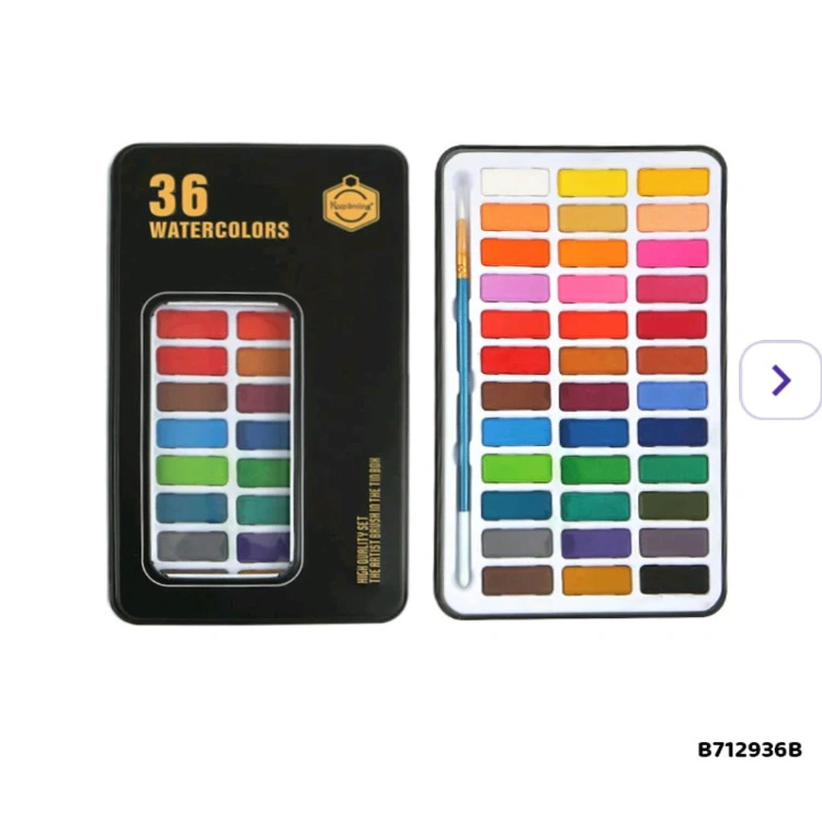 36-color watercolor paint set in a sleek black tin box with brush included.