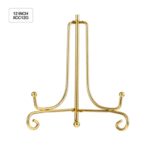 Gold metal display stand with curved base and hooks, 12-inch frame holder for showcasing plates, photo frames, or resin art.