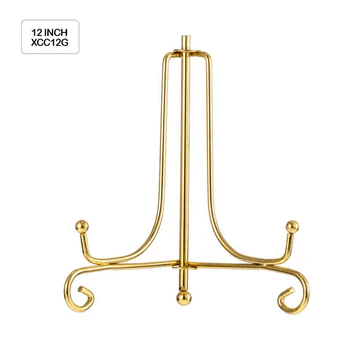 Gold metal display stand with curved base and hooks, 12-inch frame holder for showcasing plates, photo frames, or resin art.