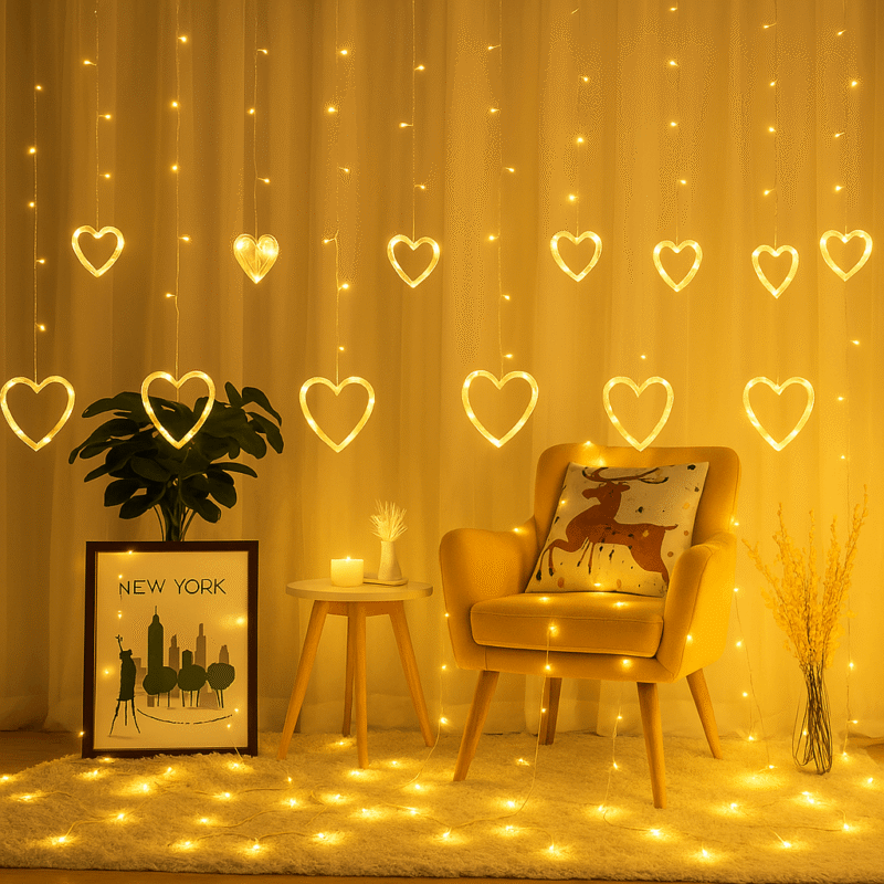 Decorative heart-shaped LED clip lights for displaying photos and creating ambiance.